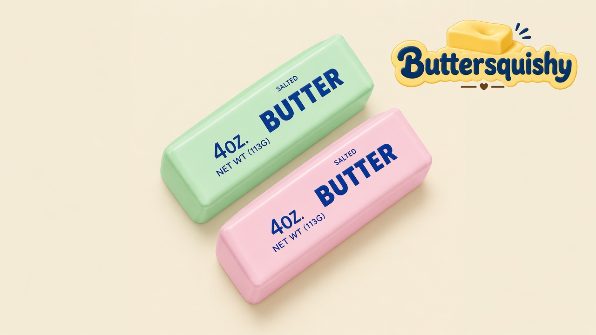 Pale mint-green and pink Mint Berry Crunch Butter sticks printed 4OZ SALTED BUTTER on a light-yellow cream studio, Buttersquishy logo at upper right