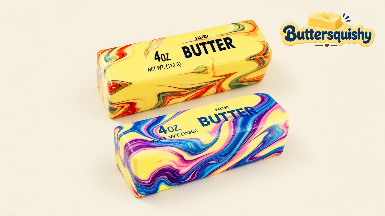 Two marble salted-butter sticks, one warm swirl and one blue swirl, on a cream studio with the Buttersquishy logo at upper right