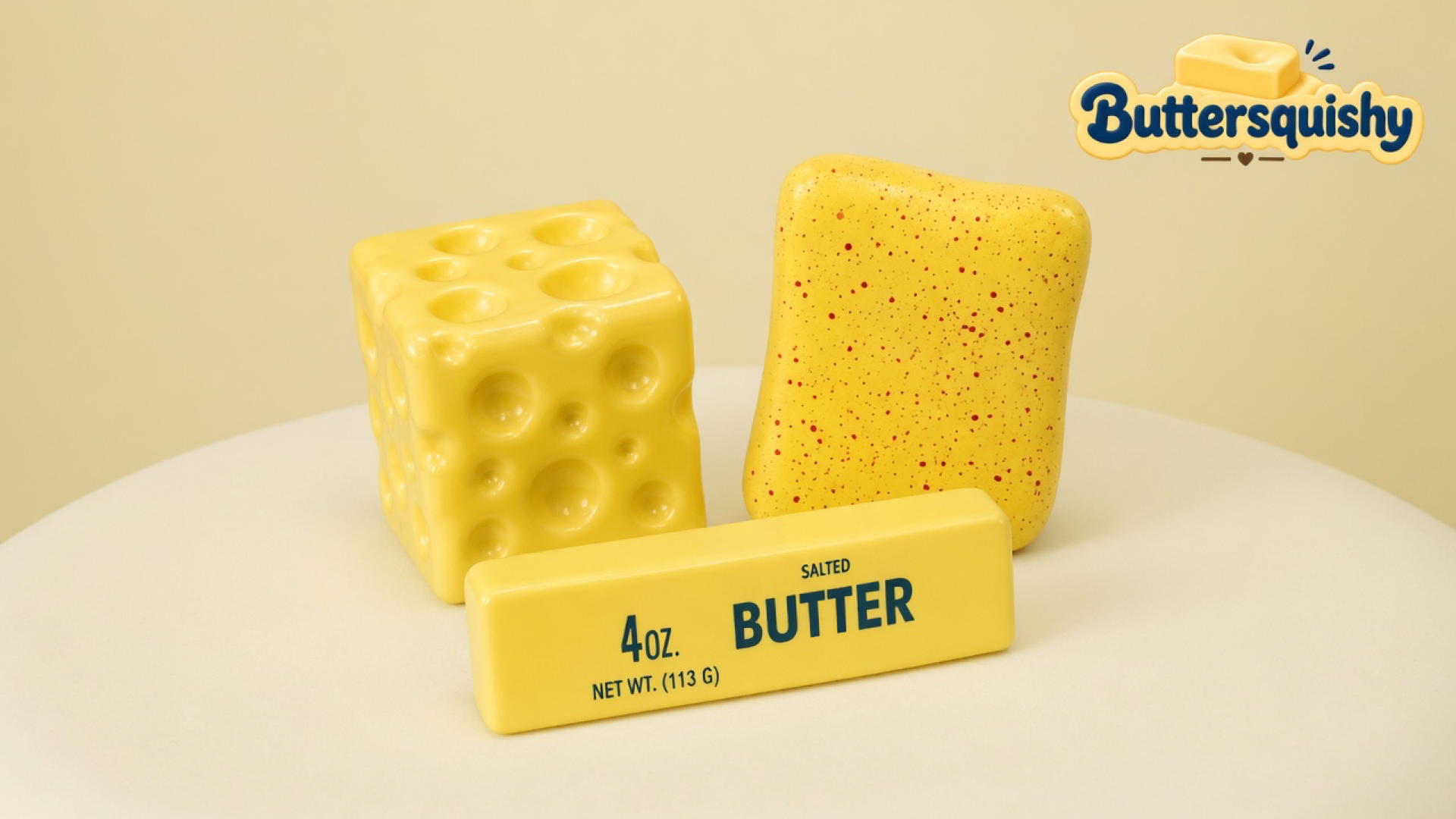 Yellow Swiss-hole cube, red-speckled toast slice, and a 4OZ SALTED BUTTER stick on a light-yellow cream studio, Buttersquishy logo at upper right