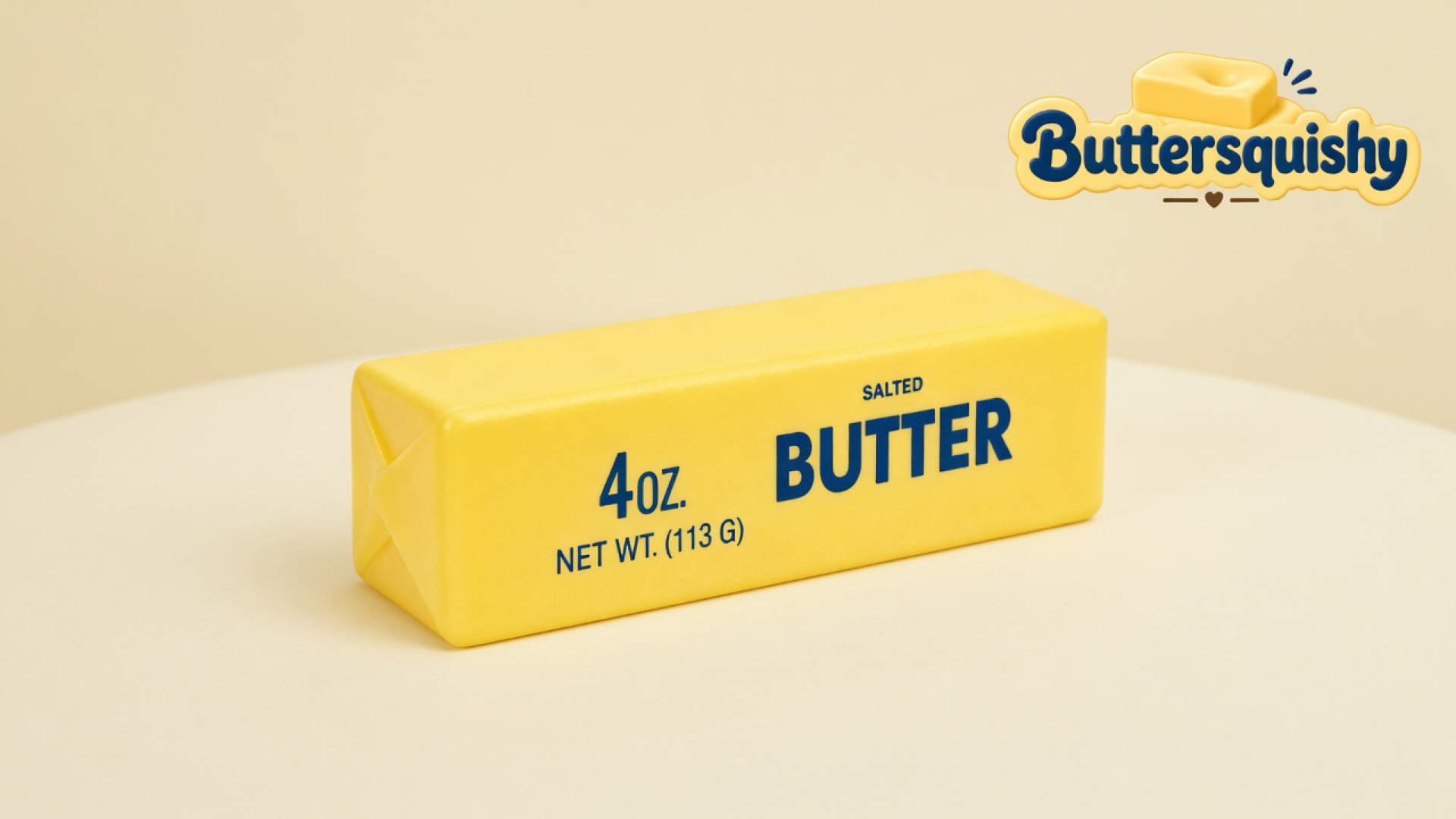 Pale yellow Classic Butter Stick 4oz printed 4OZ SALTED BUTTER on a light-yellow cream studio, Buttersquishy logo at upper right