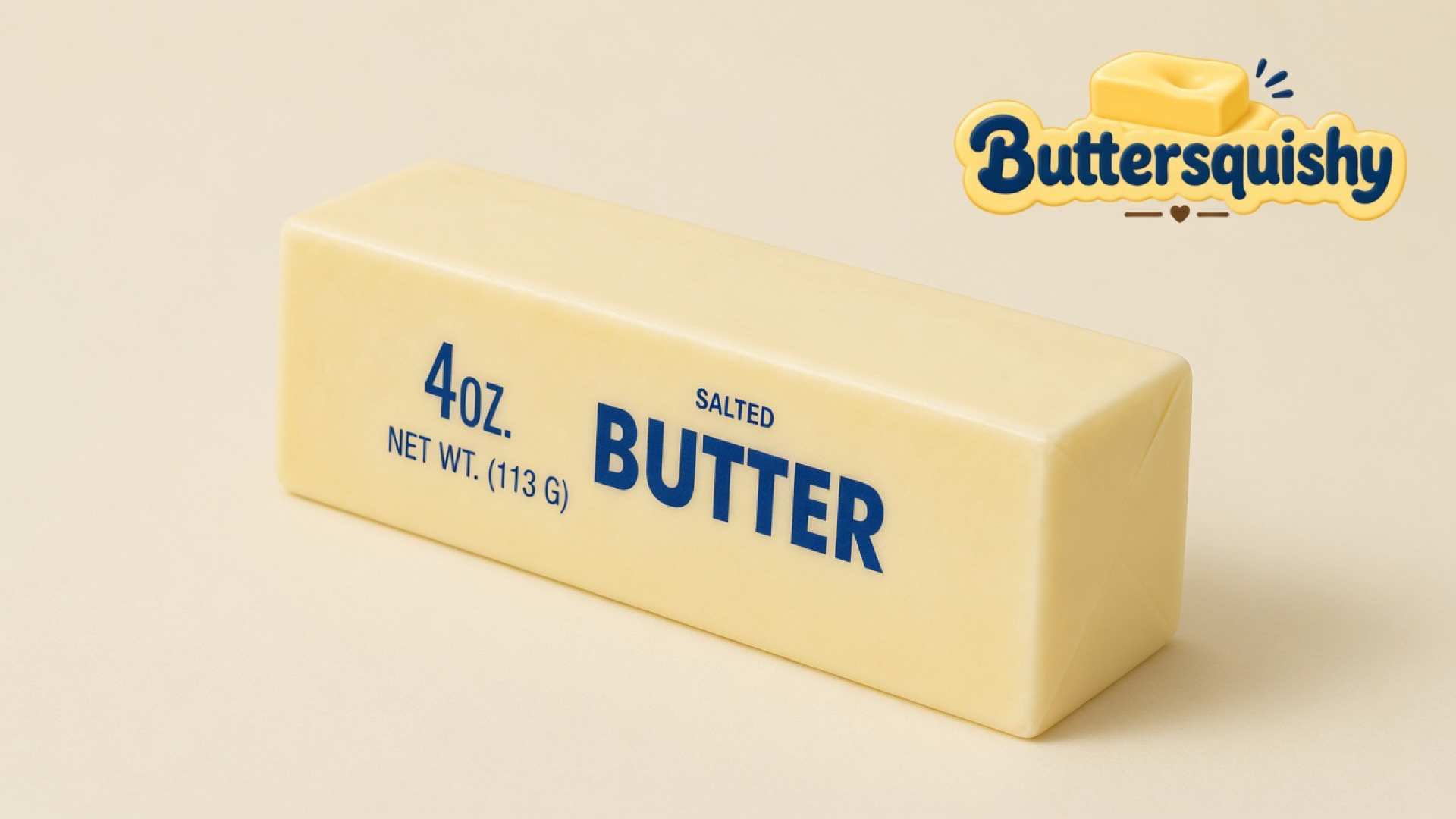 Pale yellow Classic Gift Butter stick printed 4OZ SALTED BUTTER on a light-yellow cream studio, Buttersquishy logo at upper right