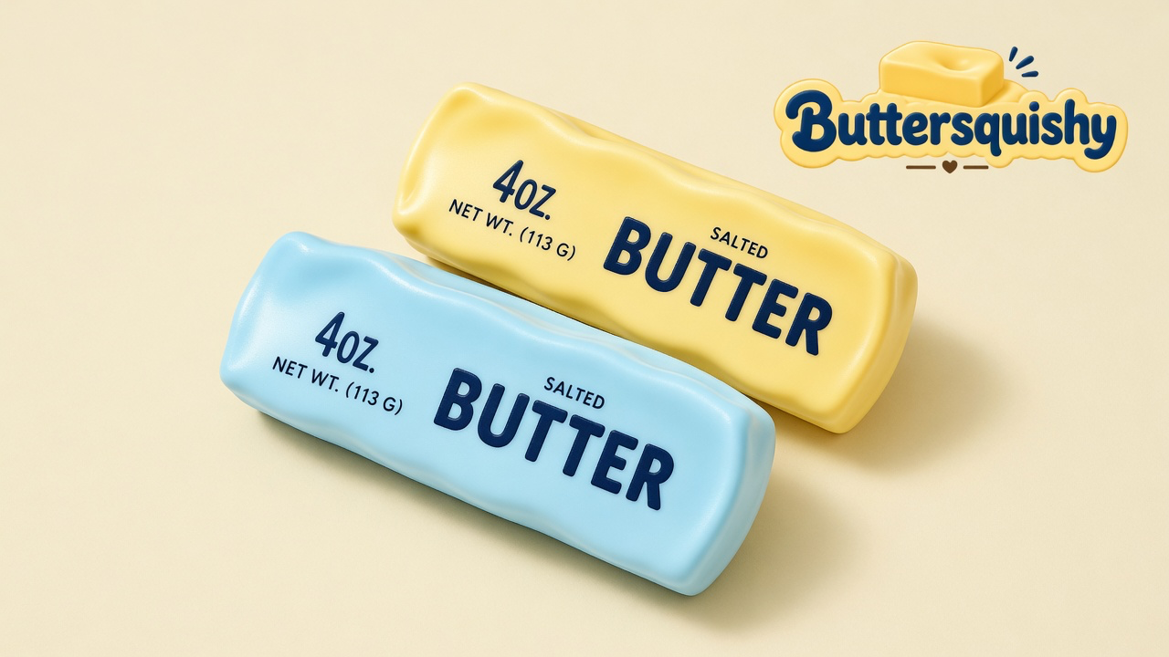 Pale lemon-yellow and baby-blue Lemon Blue Crunch Butter sticks printed 4OZ SALTED BUTTER on a light-yellow cream studio, Buttersquishy logo at upper right