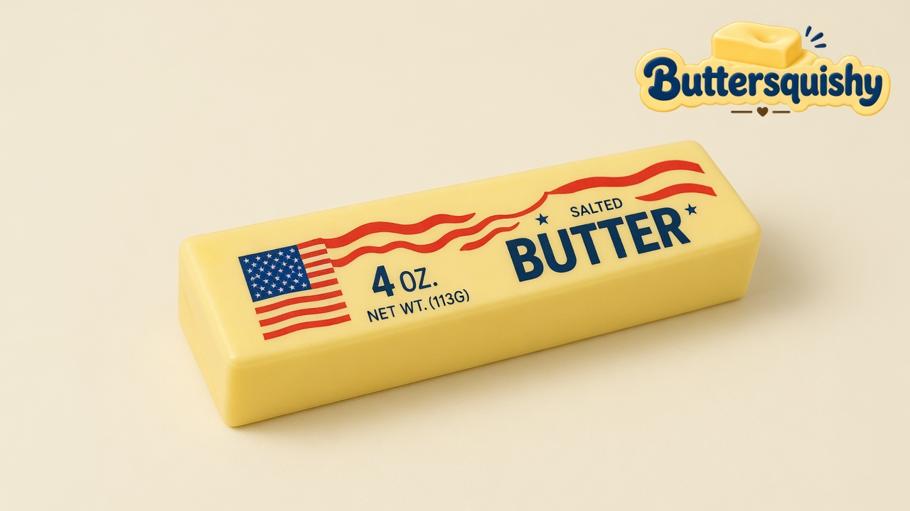 Pale yellow Stars and Stripes Butter stick with a printed US flag, red wave lines, and navy 4 OZ SALTED BUTTER type on a light-yellow cream studio, Buttersquishy logo at upper right