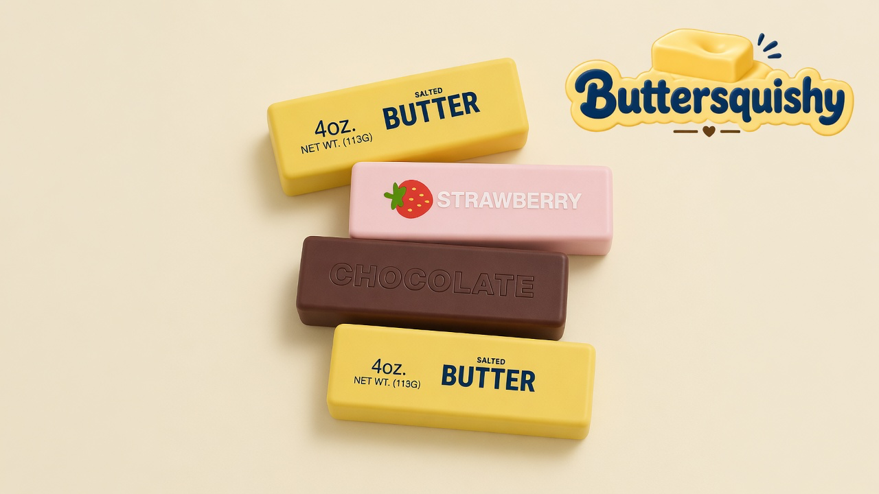 Four Strawberry Chocolate Butter sticks — two yellow salted-butter prints, one pink strawberry face, one brown chocolate face — on a light-yellow cream studio, Buttersquishy logo at upper right