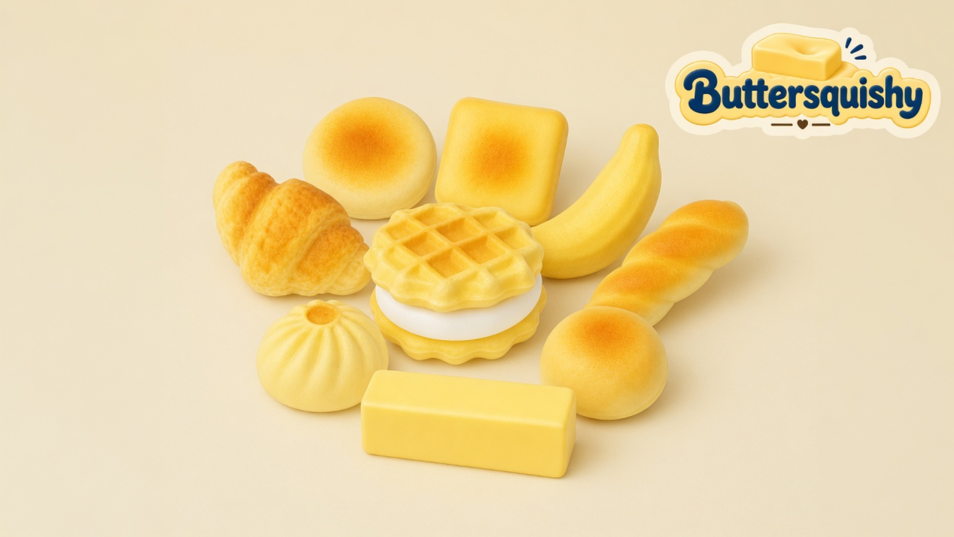 Nine bakery-look squeeze toys — croissant, two toasted buns, square toast, banana, twisted baguette, steamed bao, waffle sandwich, and a plain yellow butter block — on a light-yellow cream studio, Buttersquishy logo at upper right