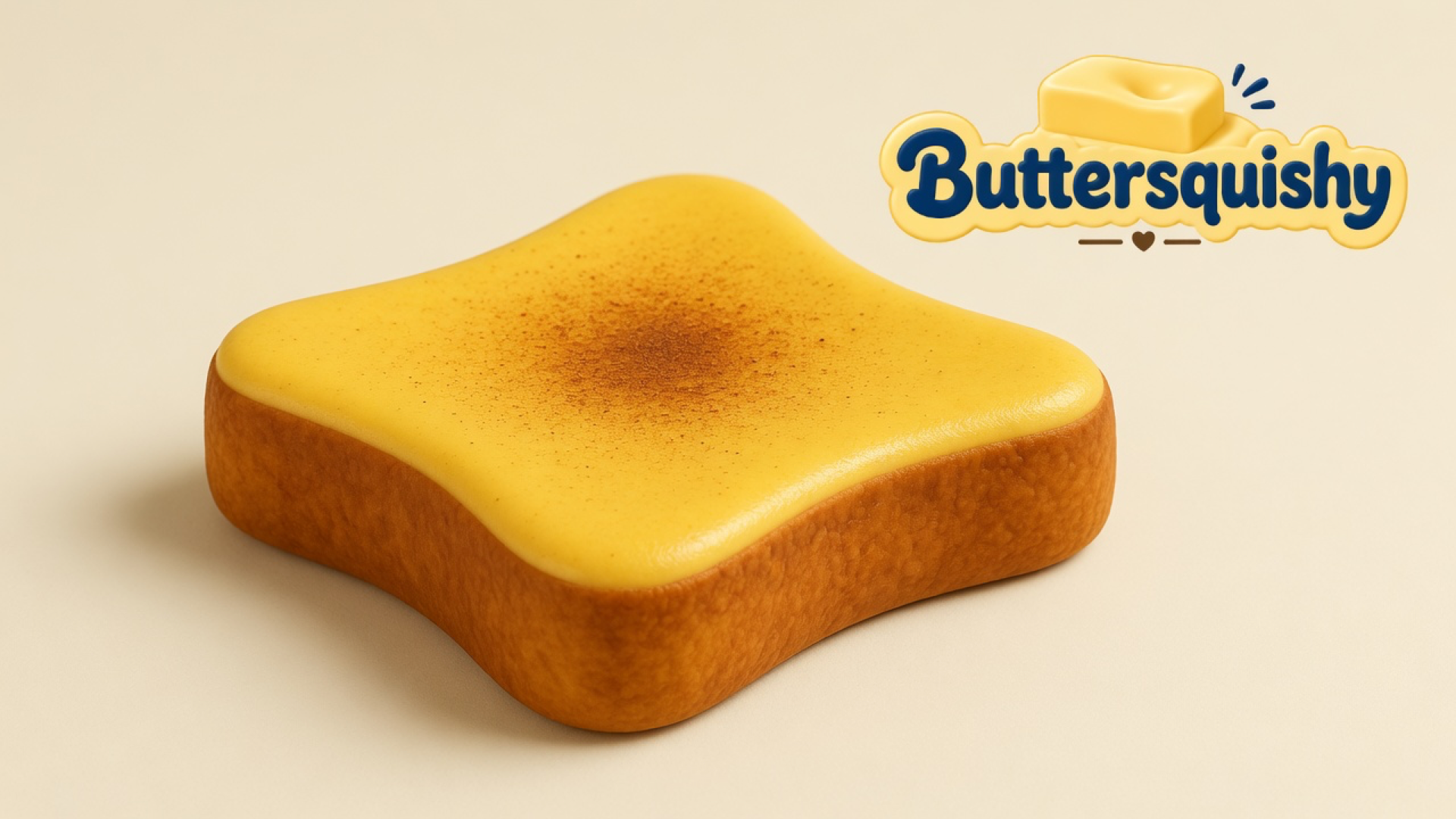 Rounded-square Bread Toast Loaf with a butter-yellow top, toasted-dust center, and golden crust on a light-yellow cream studio, Buttersquishy logo at upper right