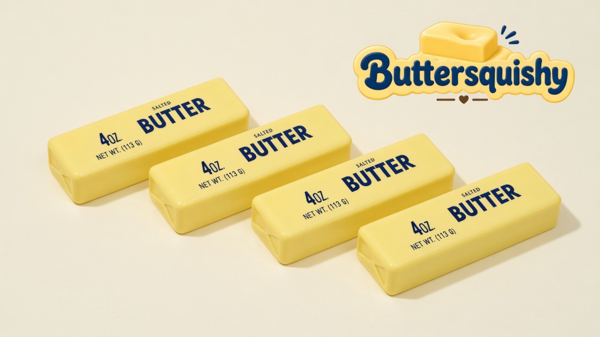 Four pale yellow Cheese Cube Loaf 4-Pack sticks printed SALTED BUTTER 4OZ on a light-yellow cream studio, Buttersquishy logo at upper right