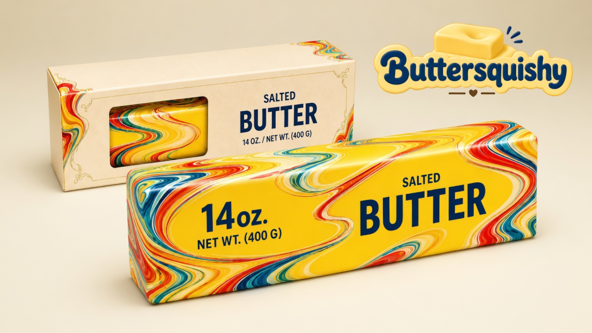 Jumbo Swirl Loaf 14oz yellow salted-butter stick and cream window box on a light-yellow cream studio surface, Buttersquishy logo in the upper right