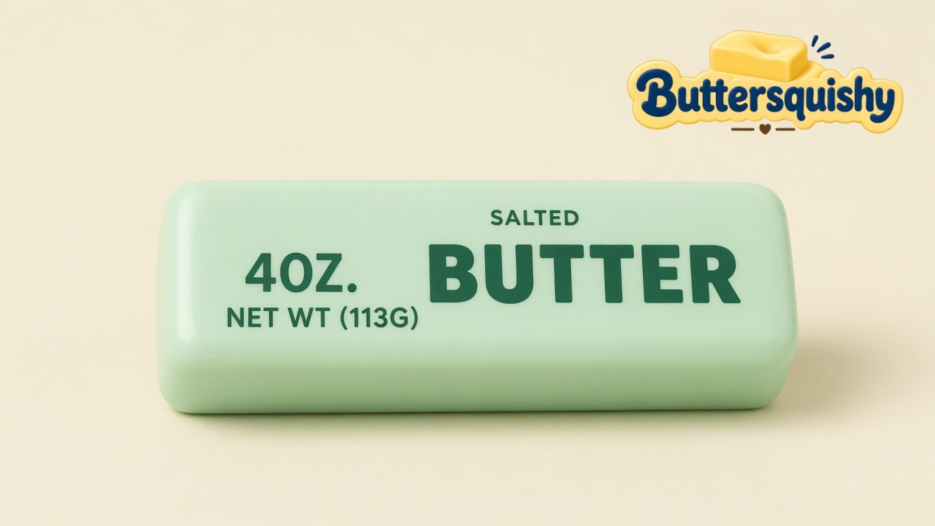 Pale mint-green Mint Butter Stick printed 4OZ NET WT (113G) SALTED BUTTER on a light-yellow cream studio, Buttersquishy logo at upper right