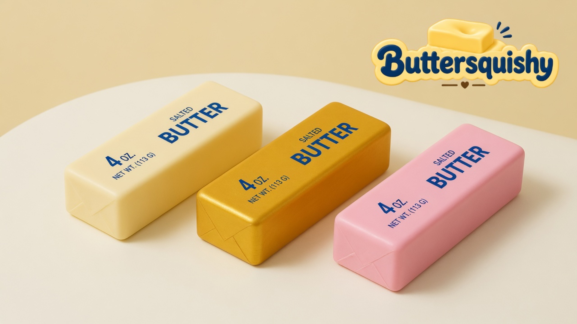 Three cream, gold, and pink Sunset Trio Butter sticks printed SALTED BUTTER 4 OZ on a light-yellow cream studio, Buttersquishy logo at upper right