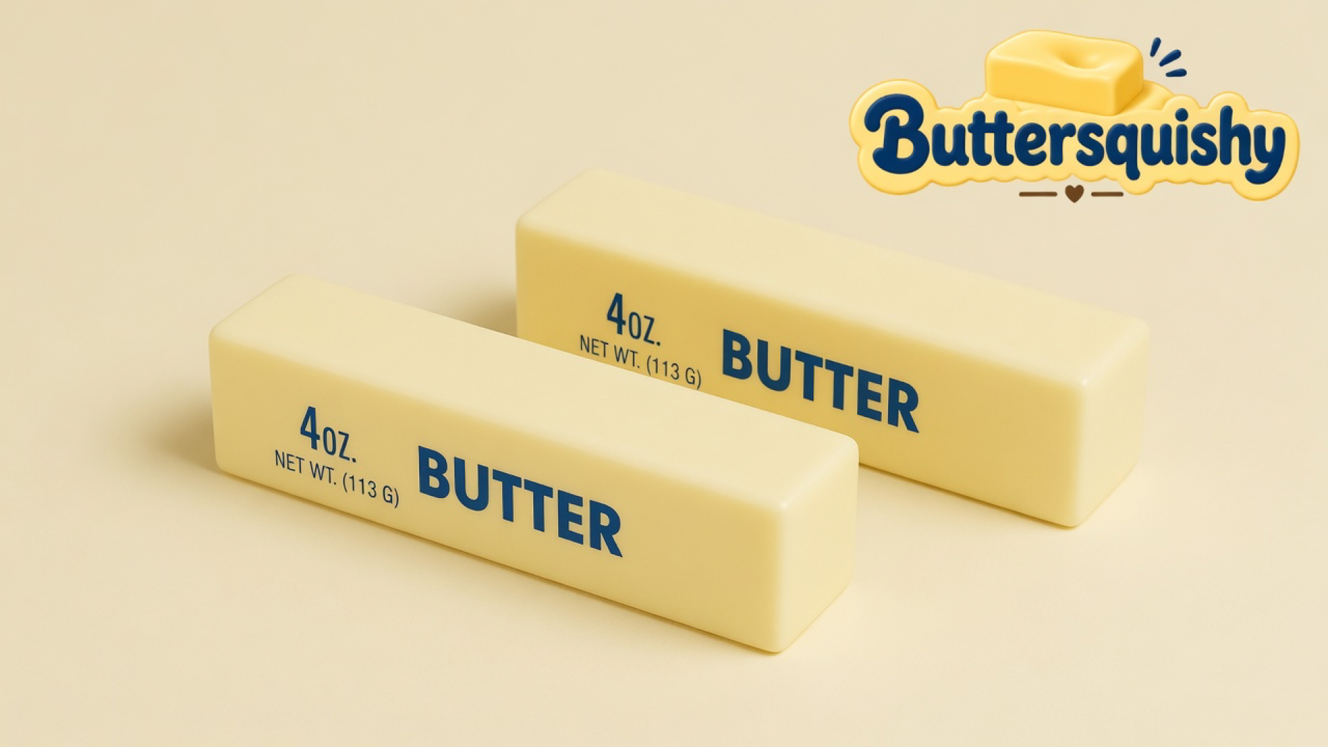 Two matching pale yellow butter bars printed 4OZ. NET WT. (113 G) BUTTER on a soft light-yellow cream studio, Buttersquishy logo at upper right