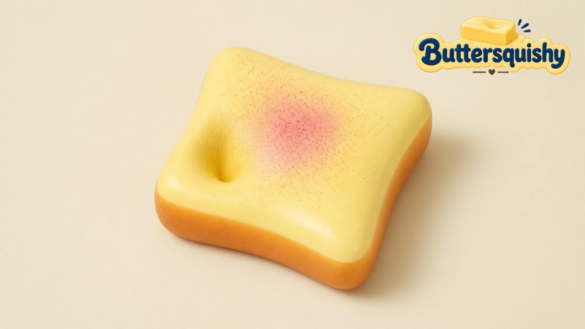 Rounded square Bread Toast Loaf with a pink toasted blush and golden crust on a light-yellow cream studio, Buttersquishy logo at upper right