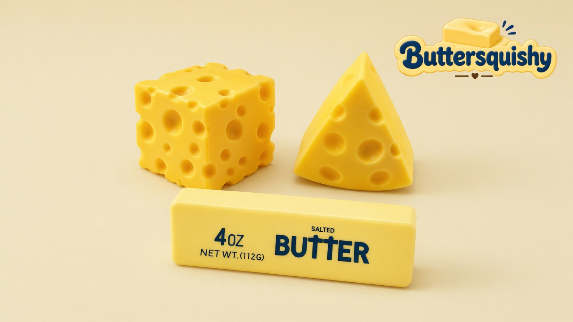 Yellow Swiss-hole cheese cube, triangular cheese wedge, and a pale 4OZ SALTED BUTTER stick on a light-yellow cream studio, Buttersquishy logo at upper right