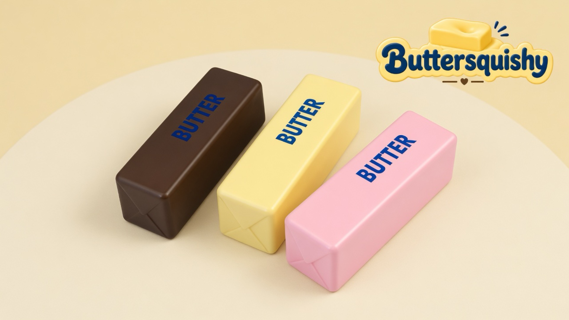 Three Chocolate Berry Butter sticks in chocolate brown, pale yellow, and berry pink with navy BUTTER prints on a light-yellow cream studio, Buttersquishy logo at upper right