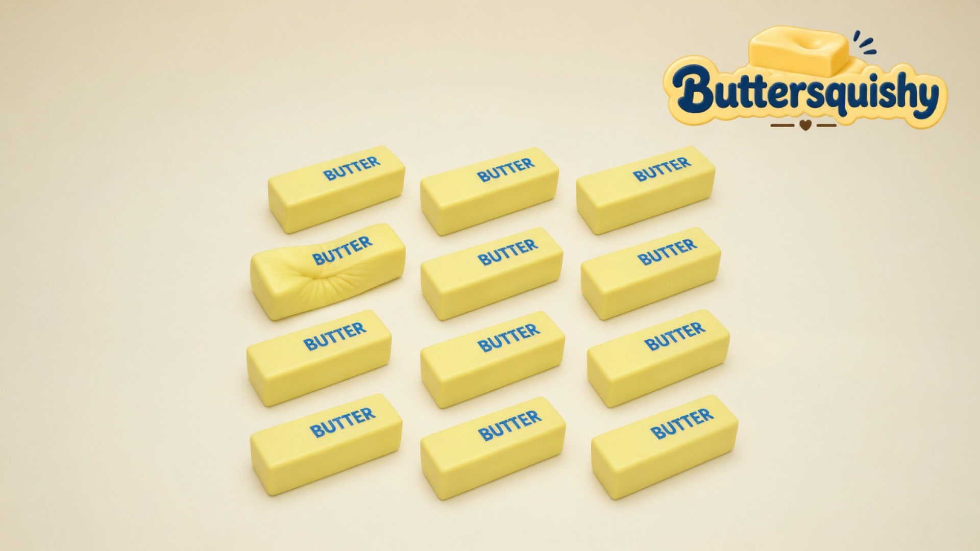 Twelve pale yellow Classic Butter Stick 4oz bars printed BUTTER on a light-yellow cream studio, Buttersquishy logo at upper right