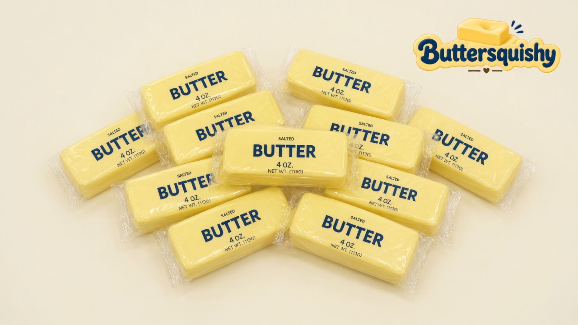 Twelve pale yellow salted-butter stick toys with navy 4 oz type on a light-yellow cream studio, Buttersquishy logo at upper right