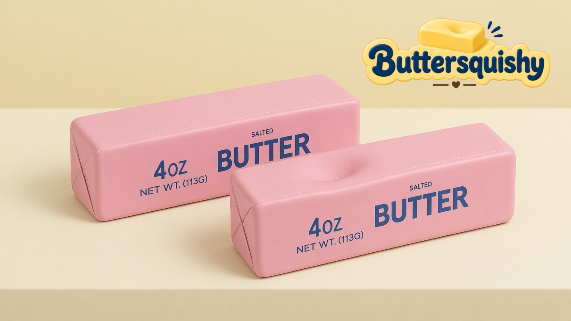 Two matching pink salted-butter sticks, one with a thumb dent, on a light-yellow cream studio with the Buttersquishy logo at upper right