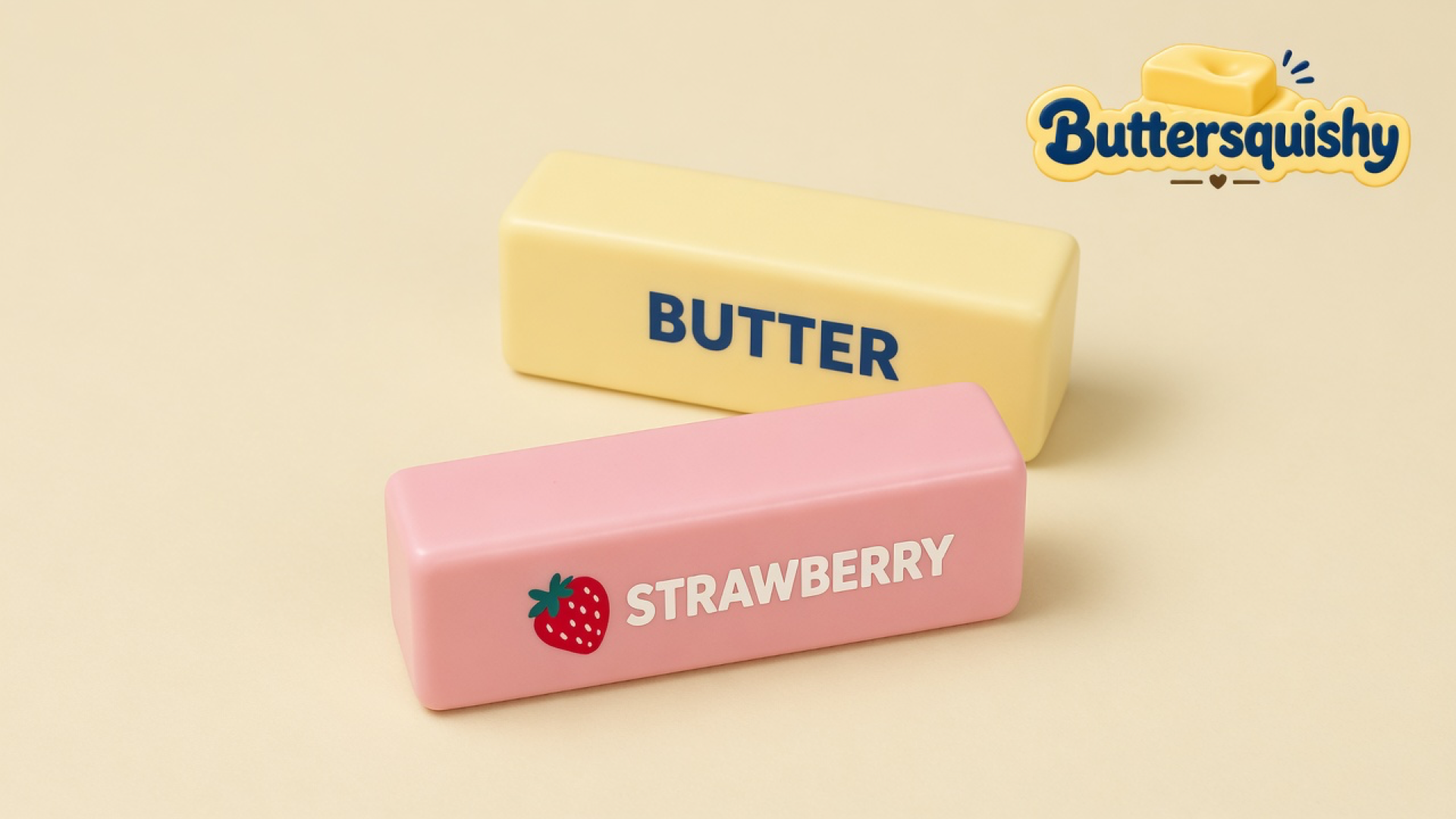 Pale yellow BUTTER loaf and pink STRAWBERRY loaf on a soft light-yellow cream studio, Buttersquishy logo at upper right