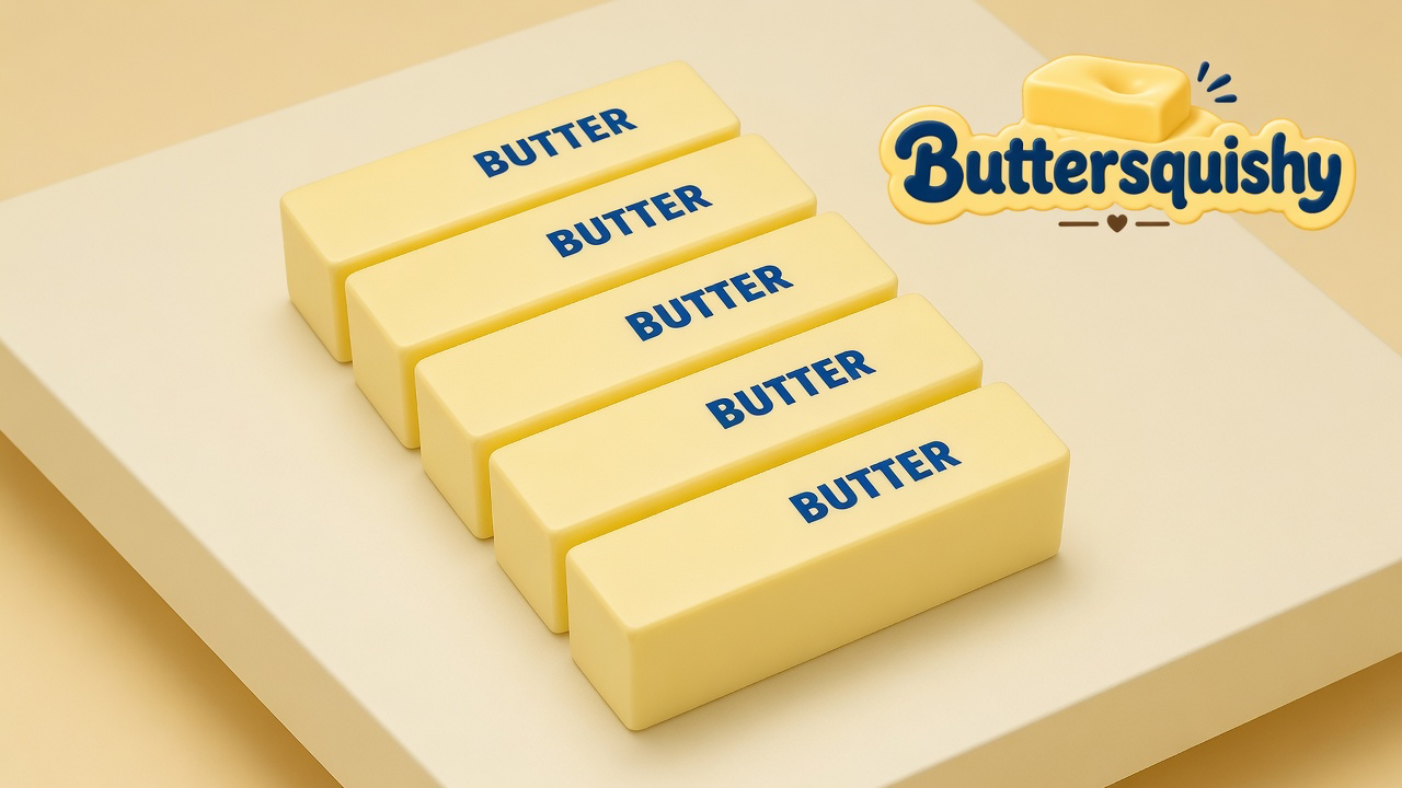 Five pale yellow Classic Butter Stick 4oz bars printed BUTTER on a light-yellow cream studio, Buttersquishy logo at upper right