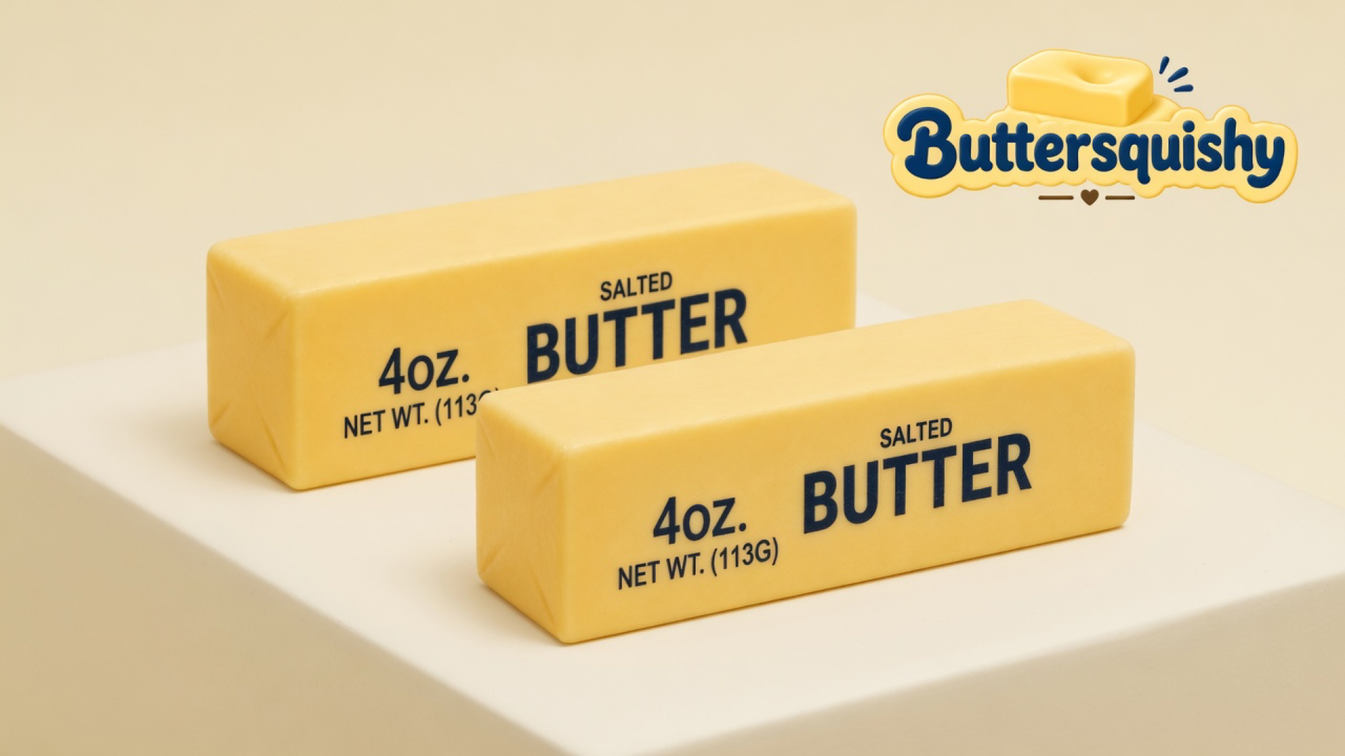 Two pale yellow Classic Gift Butter sticks printed 4oz SALTED BUTTER on a light-yellow cream studio, Buttersquishy logo at upper right