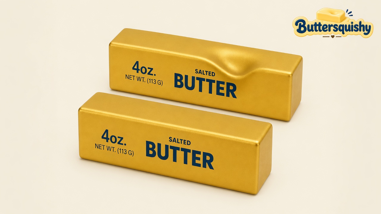 Two metallic gold-foil Golden Butter Stick bars printed 4oz SALTED BUTTER on a soft light-yellow cream studio, Buttersquishy logo at upper right