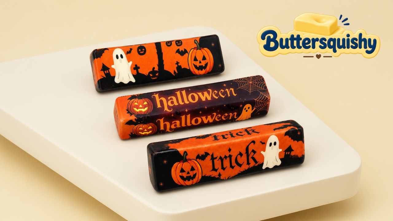 Three Halloween Ghost Butter sticks with ghost and pumpkin wraps on a light-yellow cream studio, Buttersquishy logo at upper right