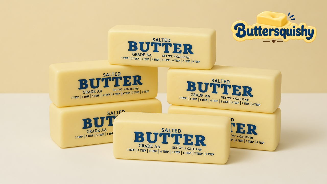 Six pale yellow Jumbo Butter Loaf 14oz 6-Pack sticks printed SALTED BUTTER NET WT 4 OZ on a light-yellow cream studio, Buttersquishy logo at upper right