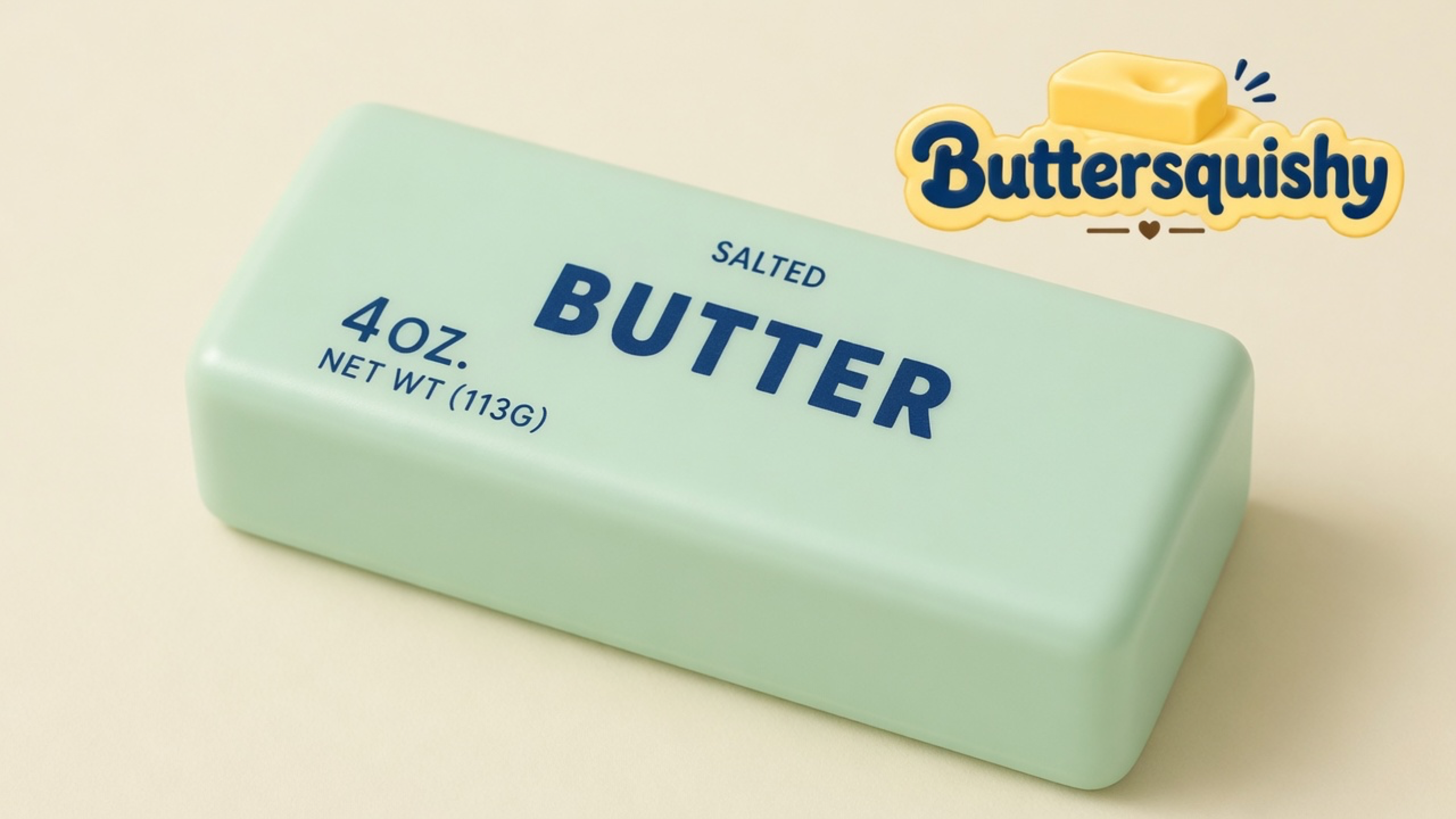 A single pale mint-green Mint Lemon Crunch Butter stick printed SALTED BUTTER and 4 OZ. NET WT. (113G) on a light-yellow cream studio, Buttersquishy logo at upper right