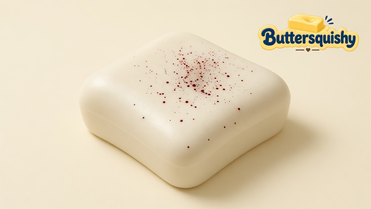 Cream Bread Toast Loaf with red speckle on a light-yellow studio, Buttersquishy logo at upper right