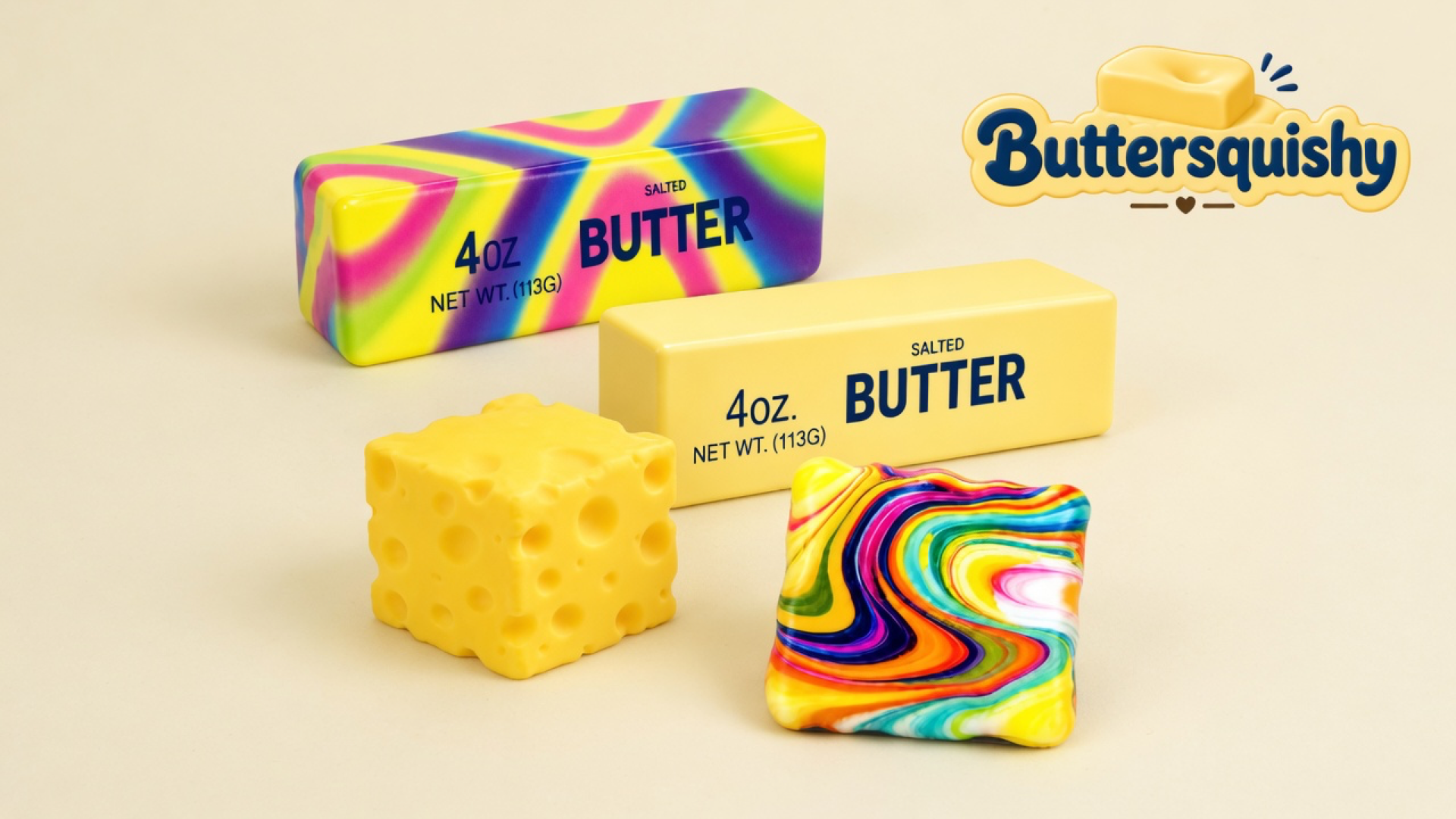Four Cheese Cube Loaf 4-Pack toys — rainbow SALTED BUTTER stick, pale yellow SALTED BUTTER stick, holey cheese cube, and rainbow swirl square — on a light-yellow cream studio, Buttersquishy logo at upper right