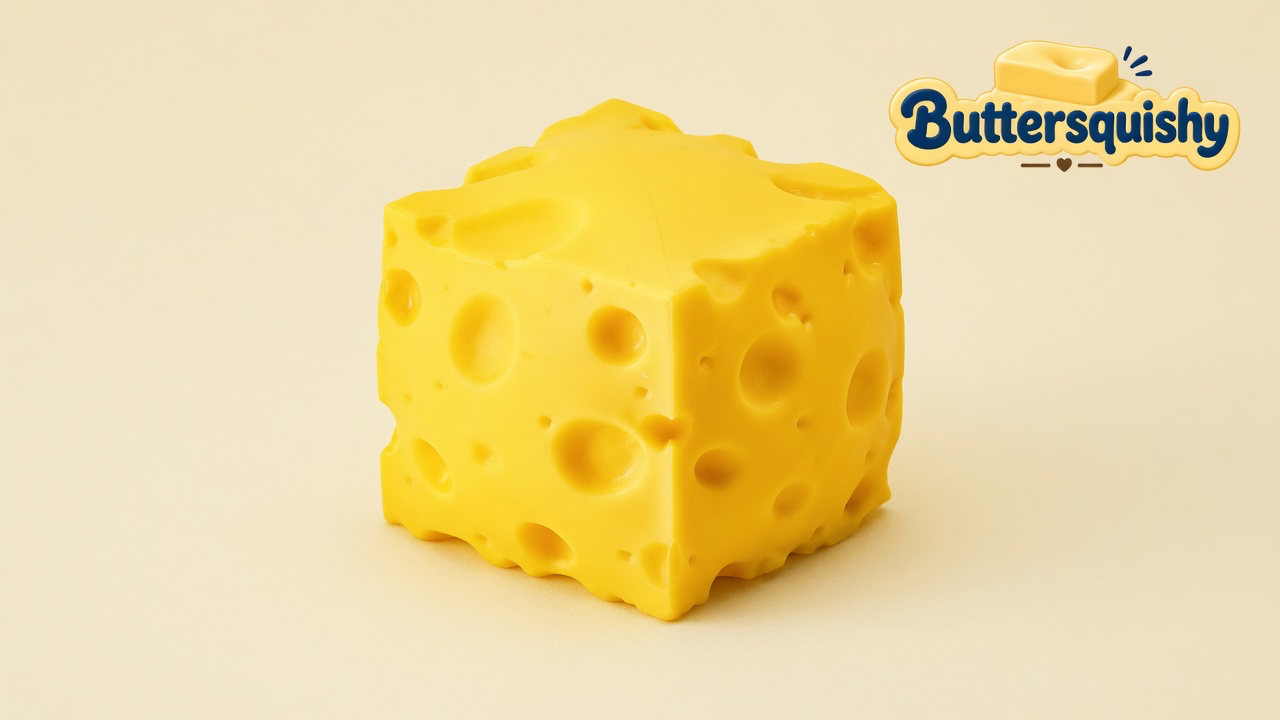 One bright yellow Cheese Cube Loaf with mixed-size holes on a light-yellow cream studio, Buttersquishy logo at upper right