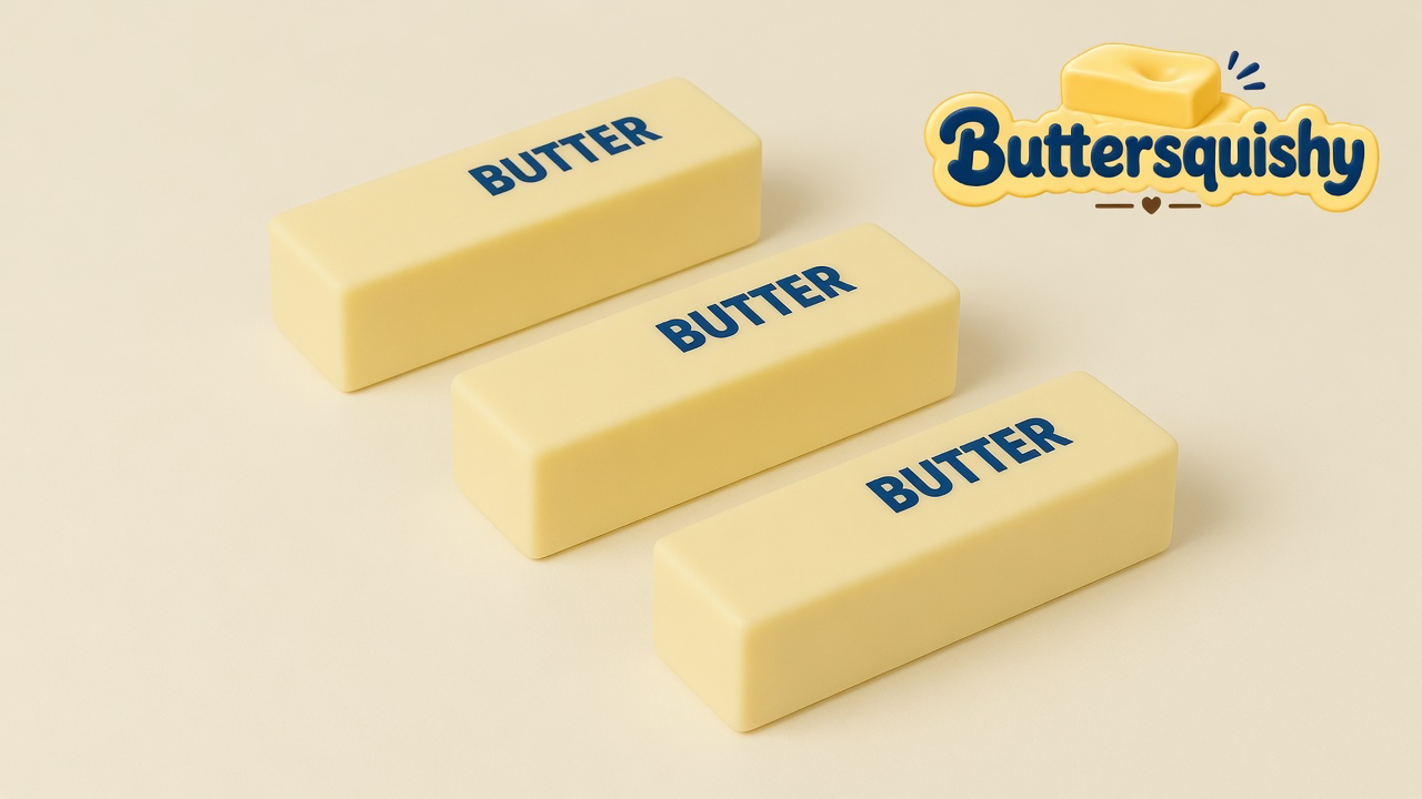 Three pale yellow Classic Butter Stick 4oz bars printed BUTTER on a light-yellow cream studio, Buttersquishy logo at upper right