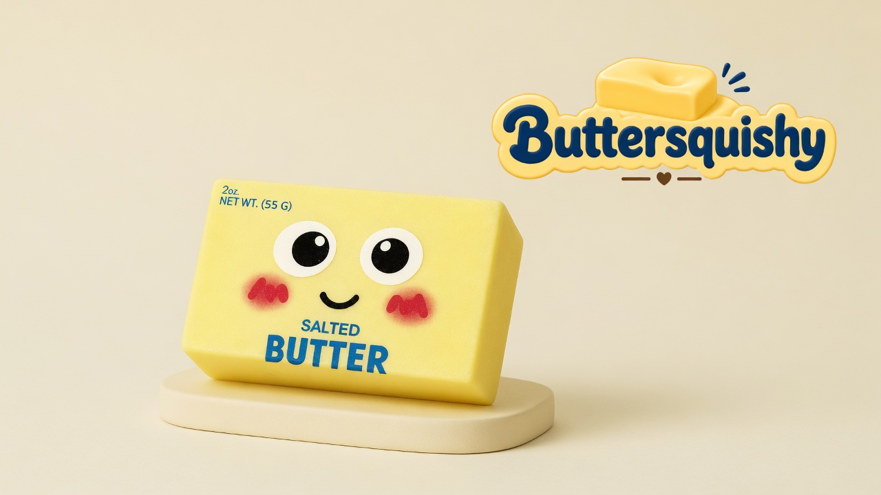 Pale yellow Face Cube Butter with cartoon eyes and SALTED BUTTER print on a light-yellow cream studio, Buttersquishy logo at upper right