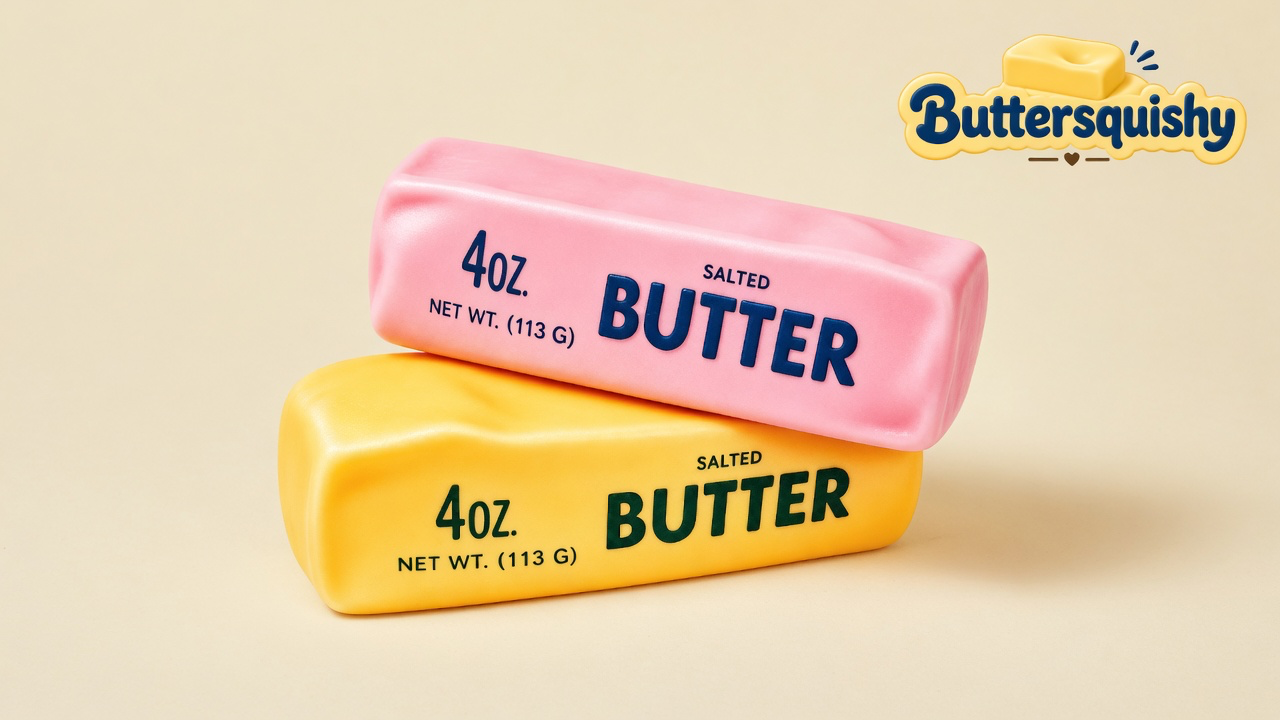 Candy-pink and yellow-orange Pink Orange Crunch Butter sticks printed 4OZ SALTED BUTTER on a light-yellow cream studio, Buttersquishy logo at upper right