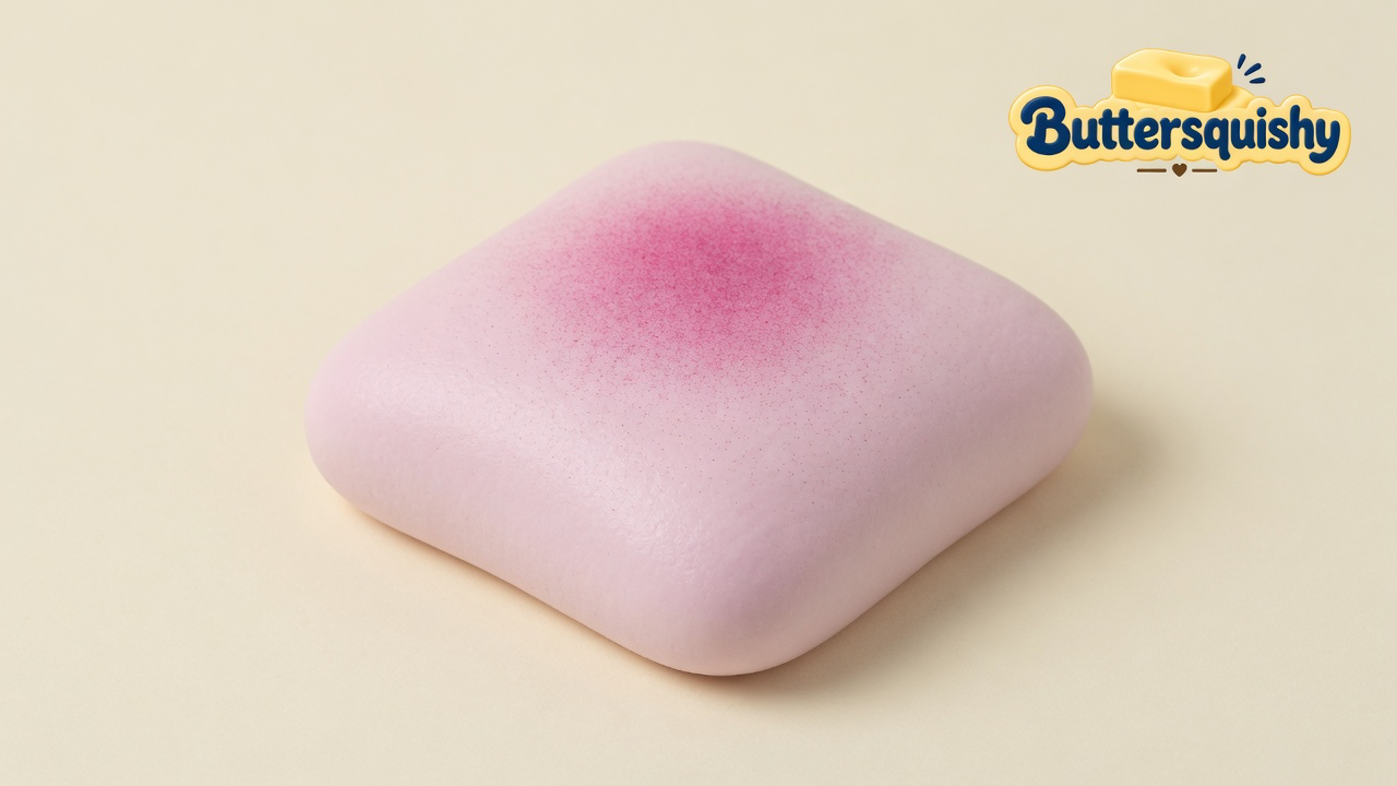 Pale pink rounded-square Bread Toast Loaf with a central raspberry-magenta spray on a light-yellow cream studio surface, Buttersquishy logo in the upper right