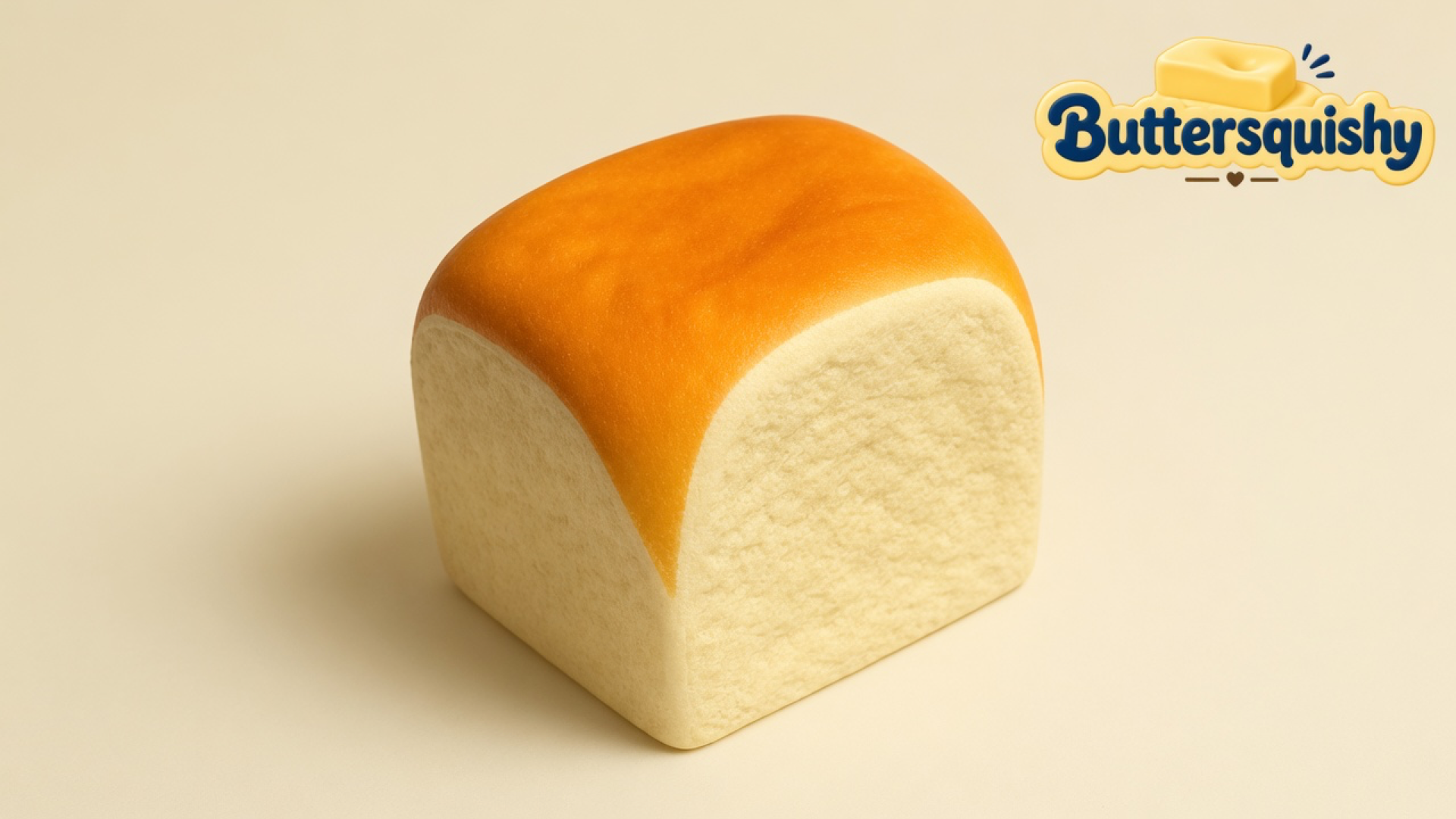 A single golden-crust Bread Toast Loaf on a light-yellow cream studio platform with the Buttersquishy logo in the upper right