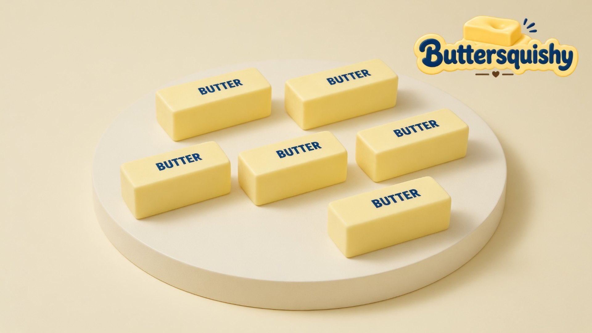 Six pale-yellow rectangular butter sticks printed BUTTER on a light-yellow cream studio platform, Buttersquishy logo in the upper right