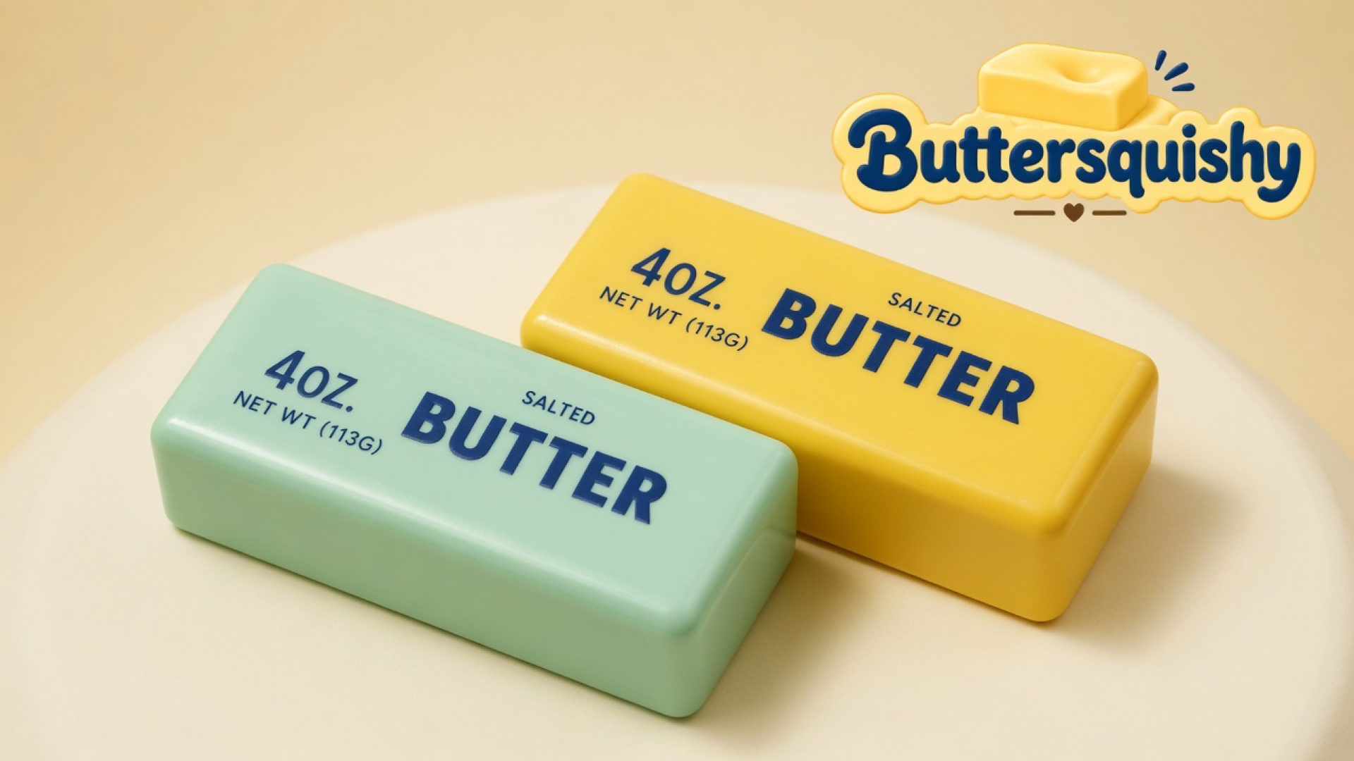 Mint-green and lemon-yellow Mint Lemon Crunch Butter sticks printed SALTED BUTTER on a cream studio platform, Buttersquishy logo in the upper right