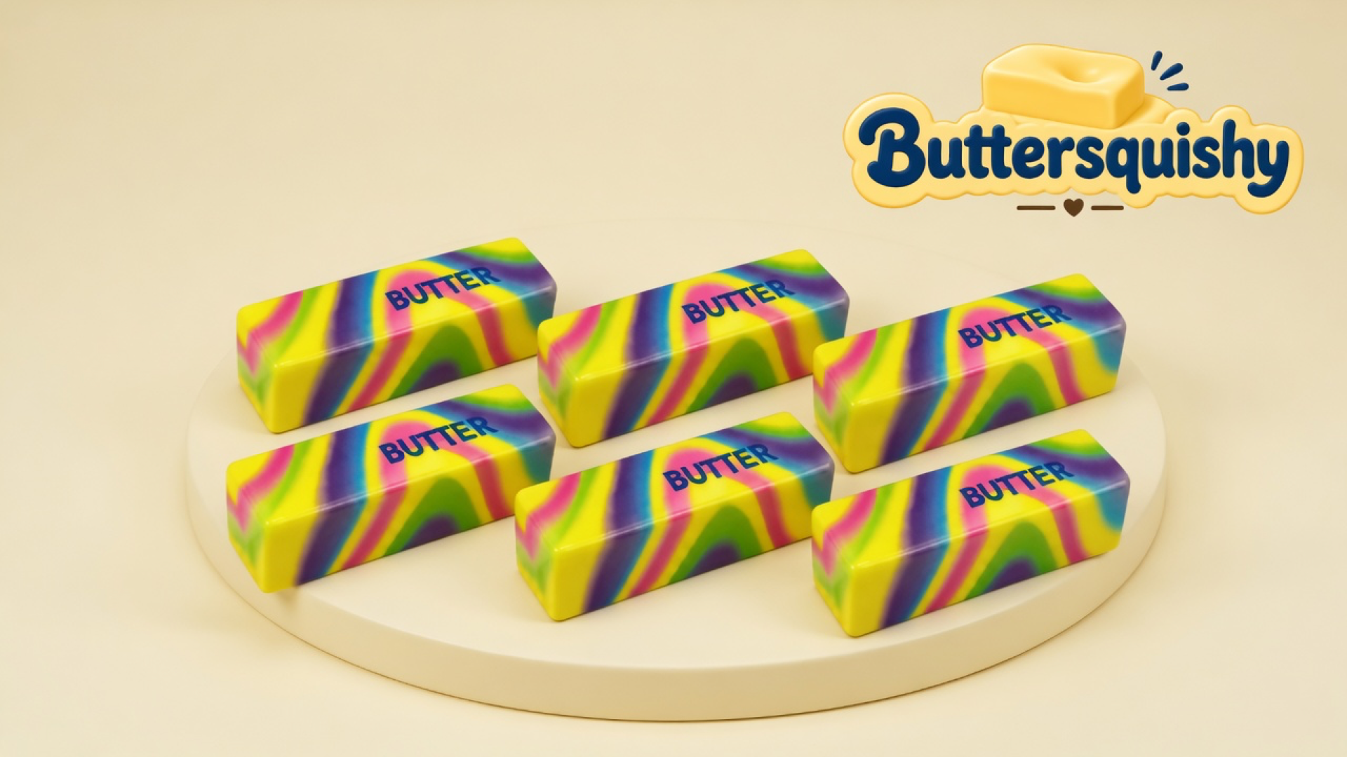 Six neon-swirl butter sticks with navy BUTTER type on a cream studio platform, Buttersquishy logo in the upper right