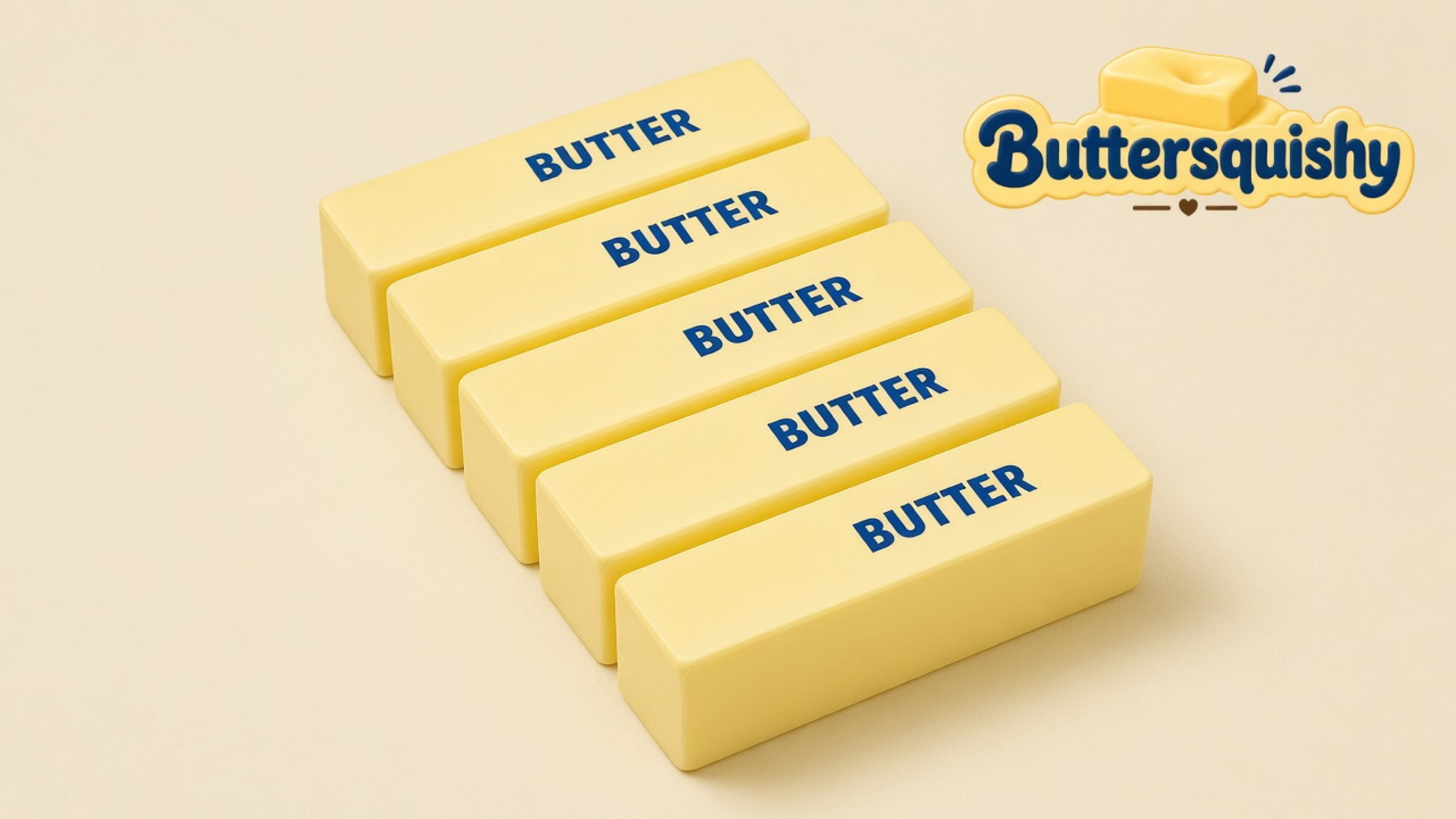 Five pale-yellow rectangular butter sticks printed BUTTER on a light-yellow cream studio surface, Buttersquishy logo in the upper right