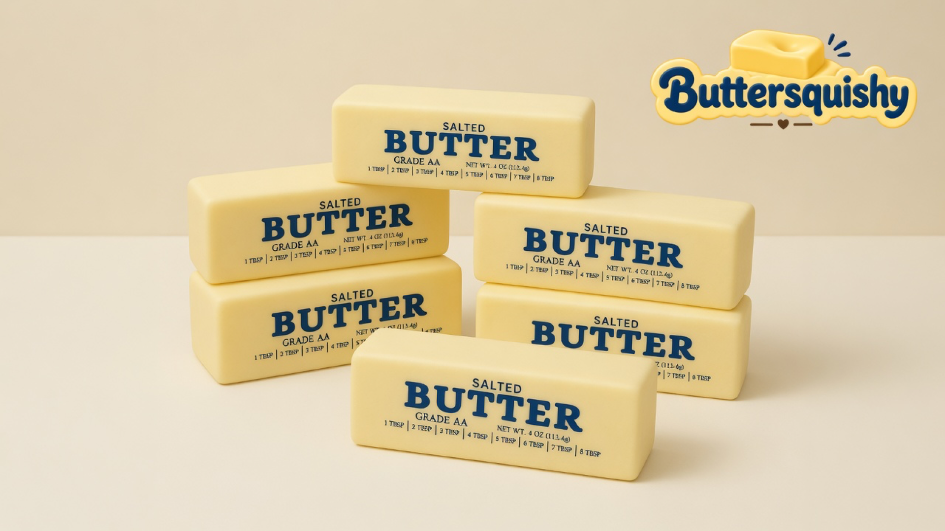 Six pale yellow Jumbo Butter Loaf sticks printed SALTED BUTTER GRADE AA on a light-yellow cream studio surface, Buttersquishy logo in the upper right