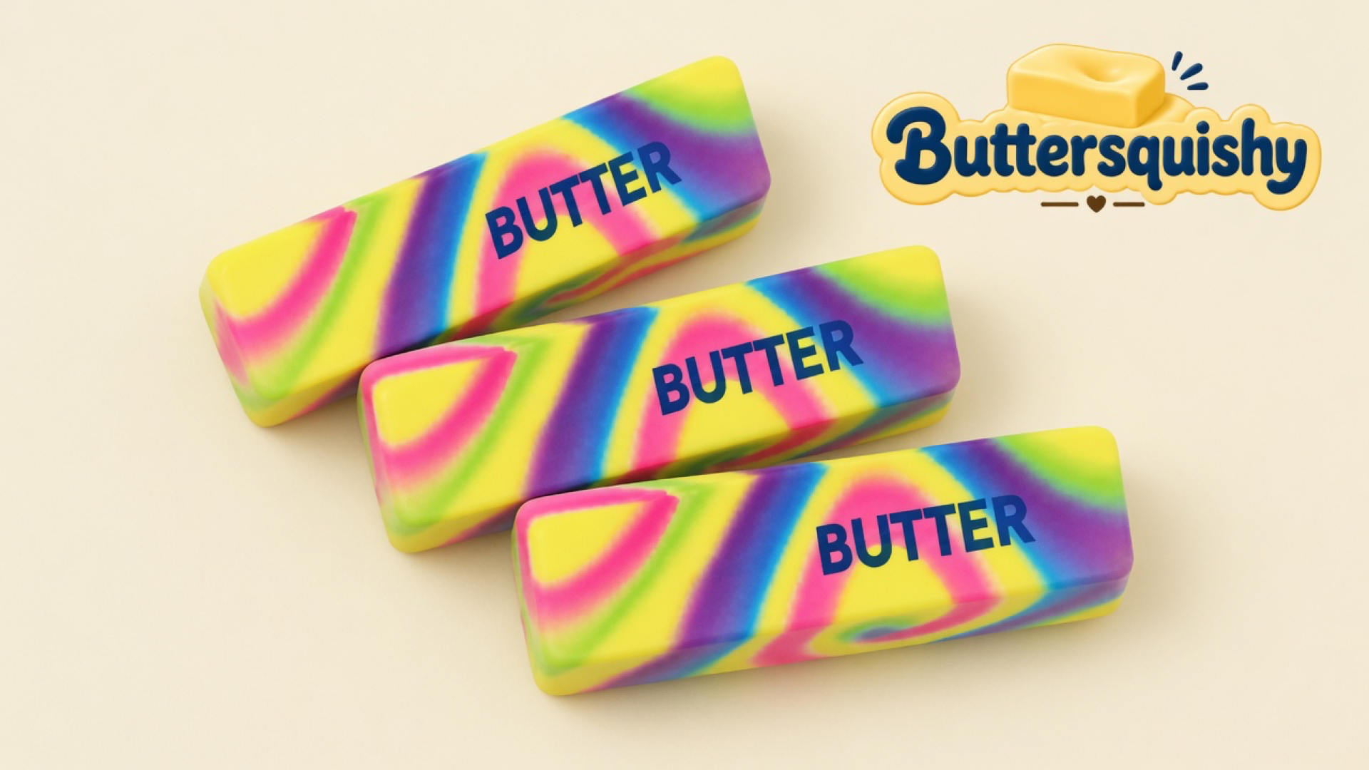 Neon swirl butter sticks with navy BUTTER type on a light-yellow cream studio surface, Buttersquishy logo in the upper right