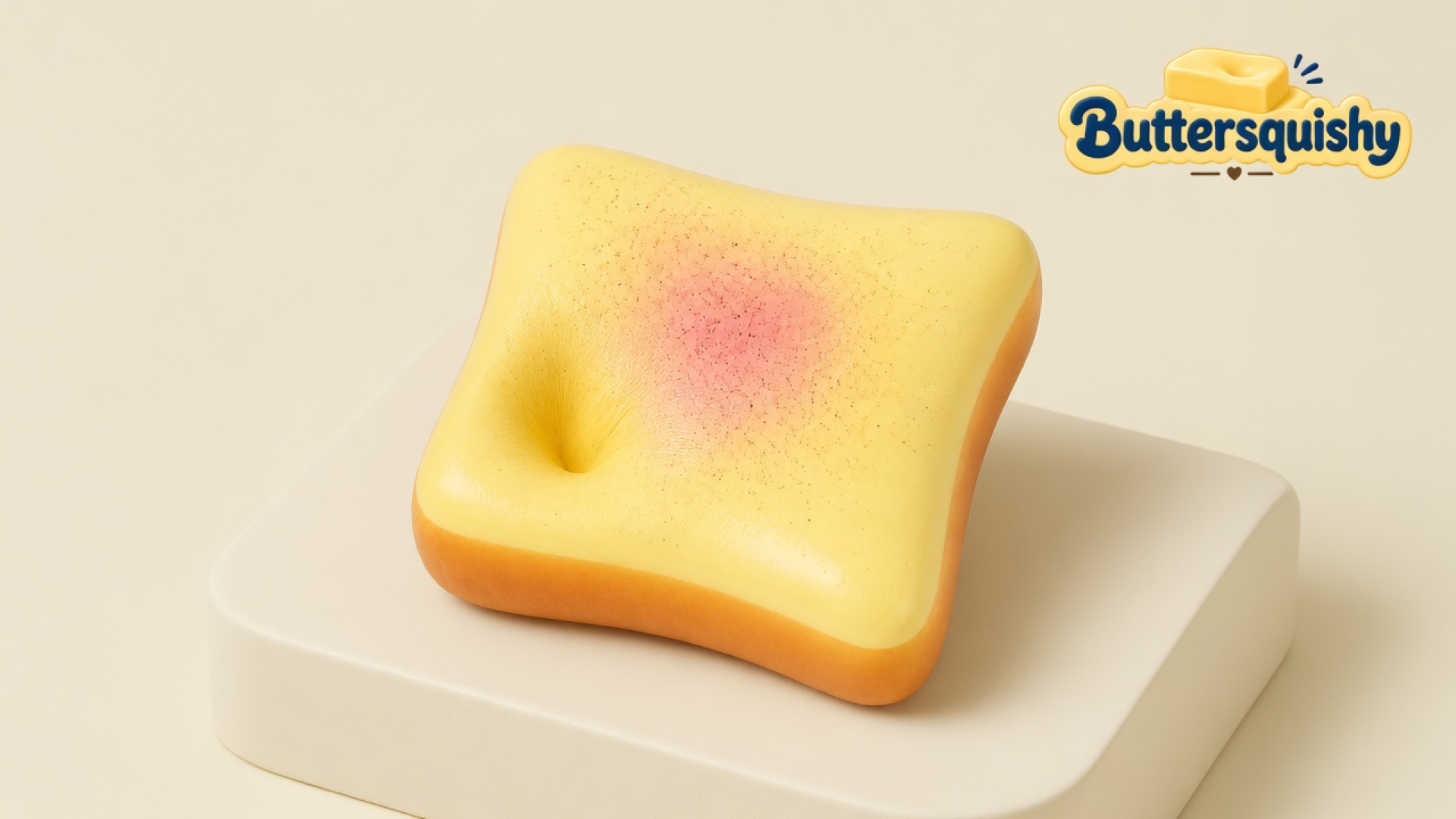 Square toasted-slice loaf with a golden crust, pink blush, and a thumb dent on a light-yellow cream studio block, Buttersquishy logo in the upper right