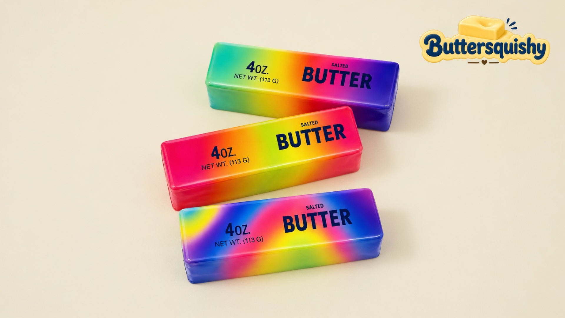 Three rainbow Candy Gradient Butter sticks with 4OZ and SALTED BUTTER prints on a light-yellow cream studio table, Buttersquishy logo in the upper right