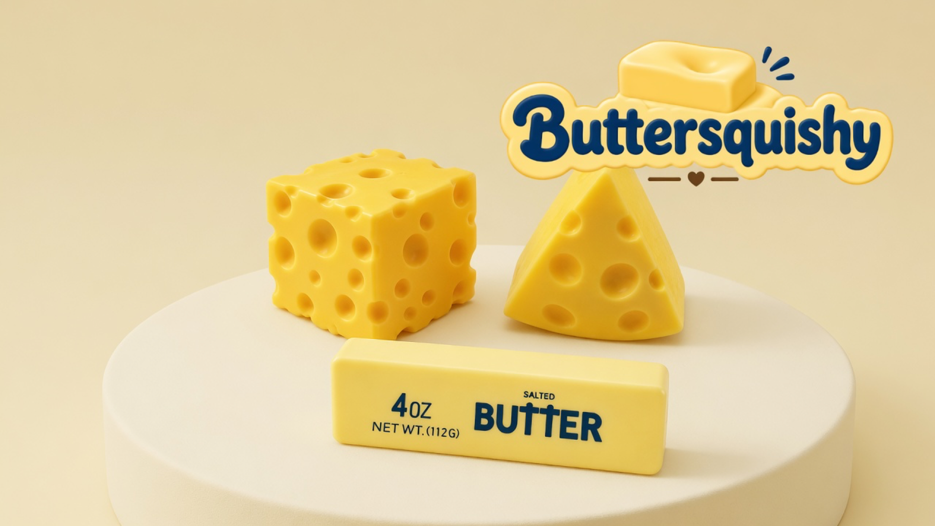 Yellow Swiss-hole cube, Swiss-hole cheese wedge, and pale SALTED BUTTER stick on a light-yellow cream studio table, Buttersquishy logo in the upper right