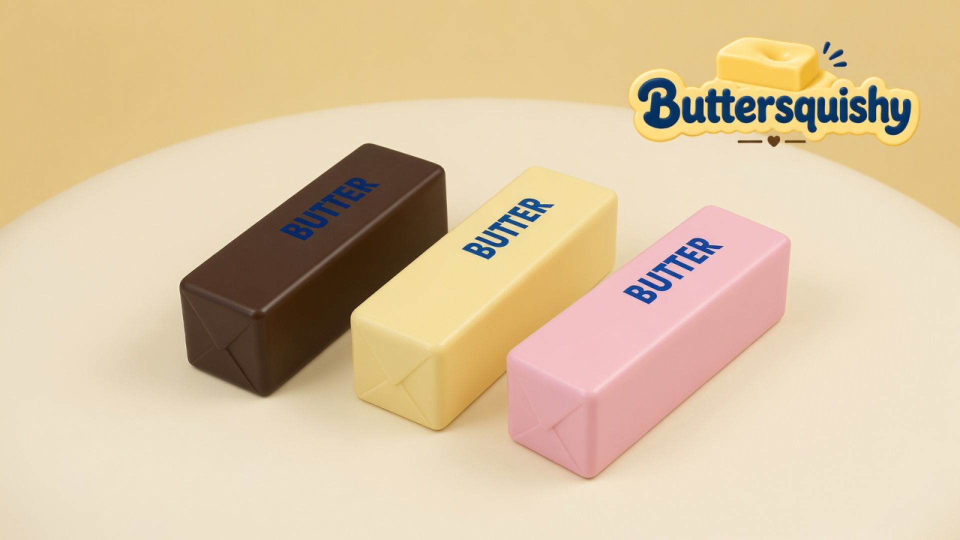 Three Chocolate Berry Butter sticks in brown, cream, and pink with BUTTER prints on a cream studio surface, Buttersquishy logo in the upper right