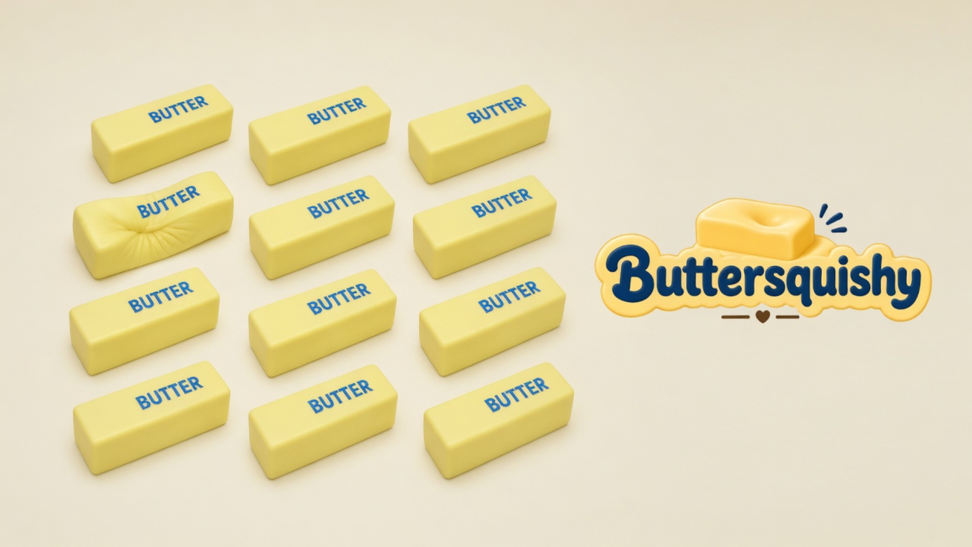 Twelve pale yellow rectangular butter sticks with navy BUTTER print in a four-by-three grid on a light-yellow cream studio surface, one stick squeezed, Buttersquishy logo in the upper right