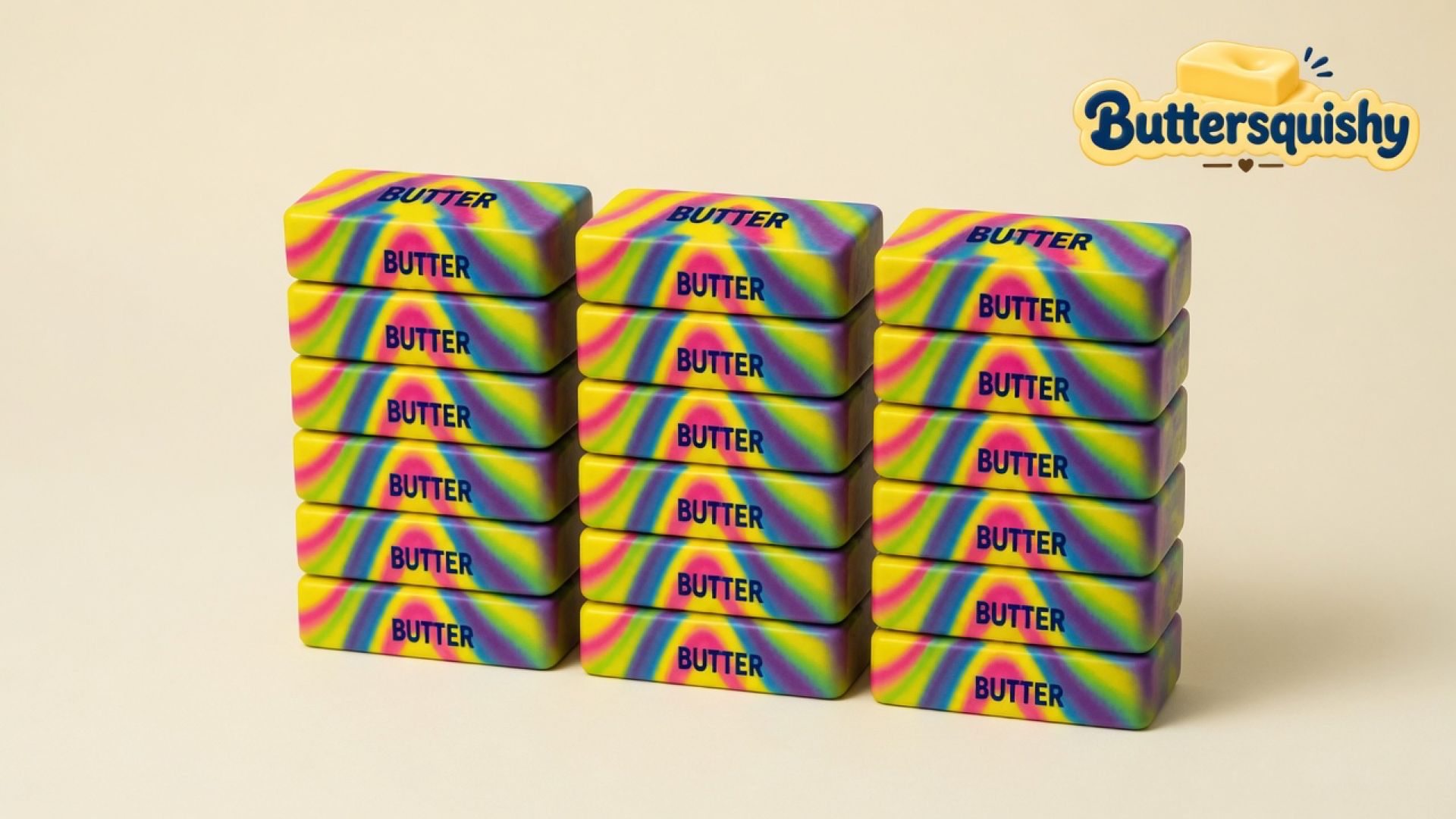 Eighteen Neon Swirl Butter sticks stacked in three columns, neon yellow-magenta-cyan-purple swirls with navy BUTTER print, on a light-yellow cream studio surface, Buttersquishy logo in the upper right