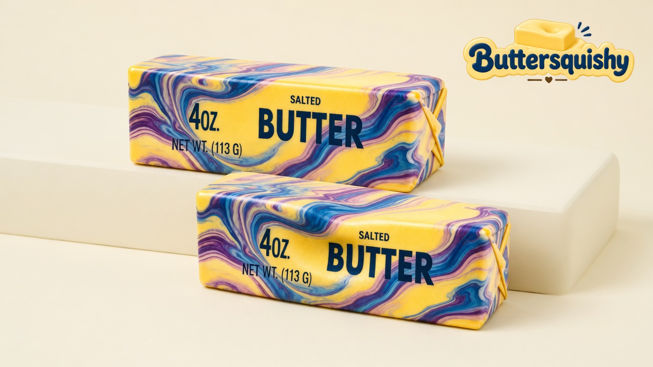 Two yellow SALTED BUTTER loaves with blue-violet-pink oil-paint marble sides on a light-yellow cream studio block, Buttersquishy logo in the upper right