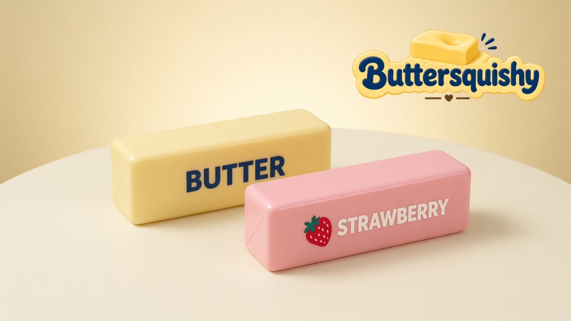 Pale yellow BUTTER loaf and pink STRAWBERRY loaf on a light-yellow cream studio table, Buttersquishy logo in the upper right